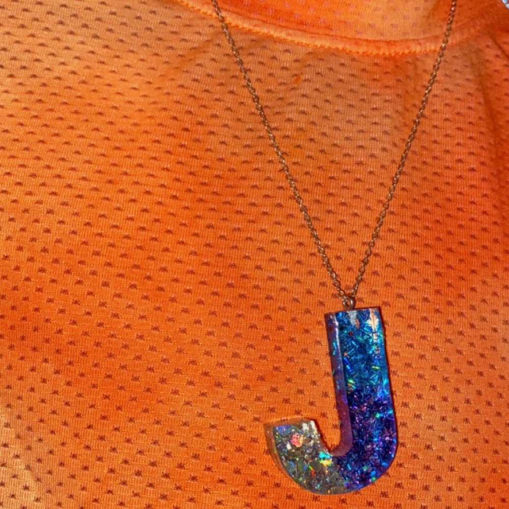 Multi-Color Sparkle Resin Necklace, Letter “J”